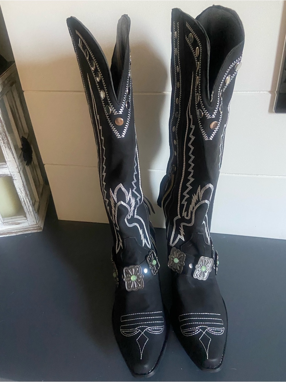 Black Embroidered Western Knee-High Boots